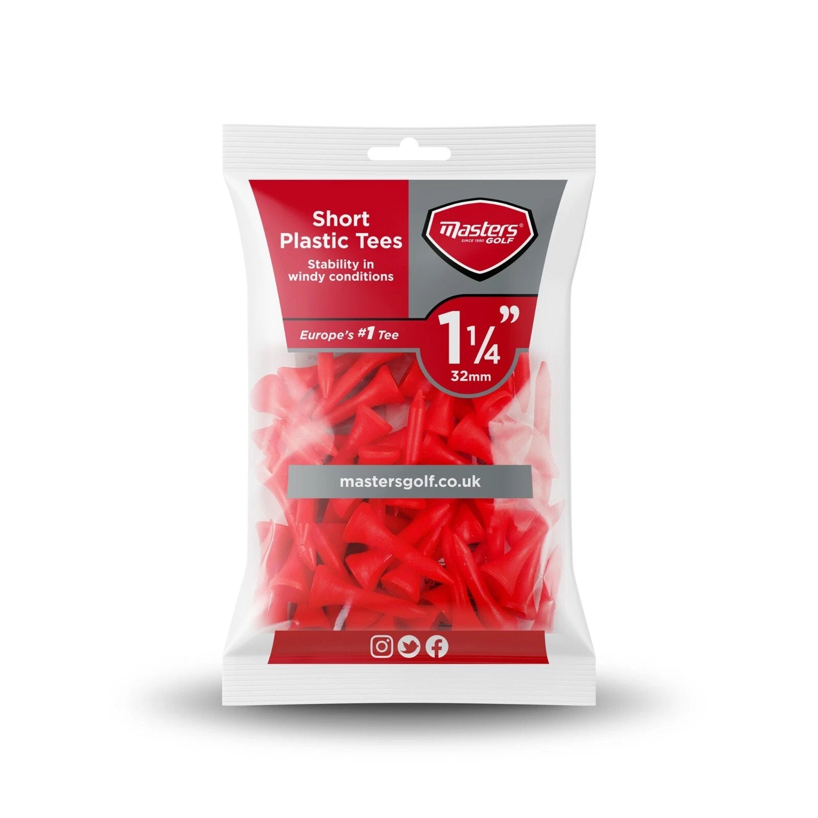 Masters Golf Straight Short Plastic Tees Red 32mm 1 1/4" x 50 Tee Pack